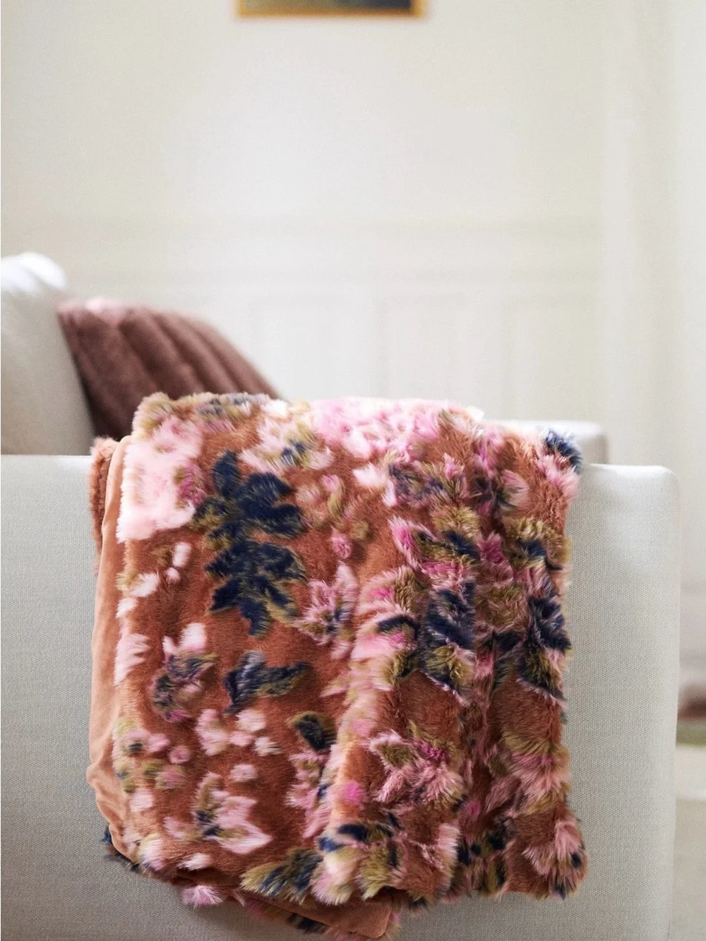 Anthropologie Seren Floral Jacquard Faux Fur Throw Blanket